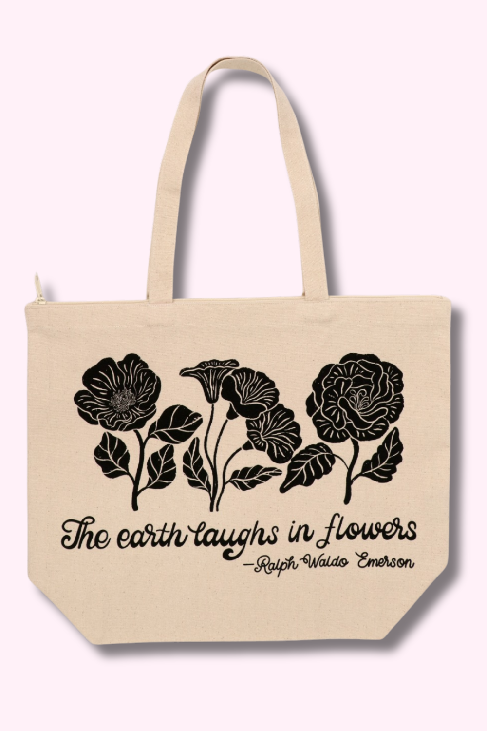 A landscape canvas tote bag with black screen-printed floral artwork